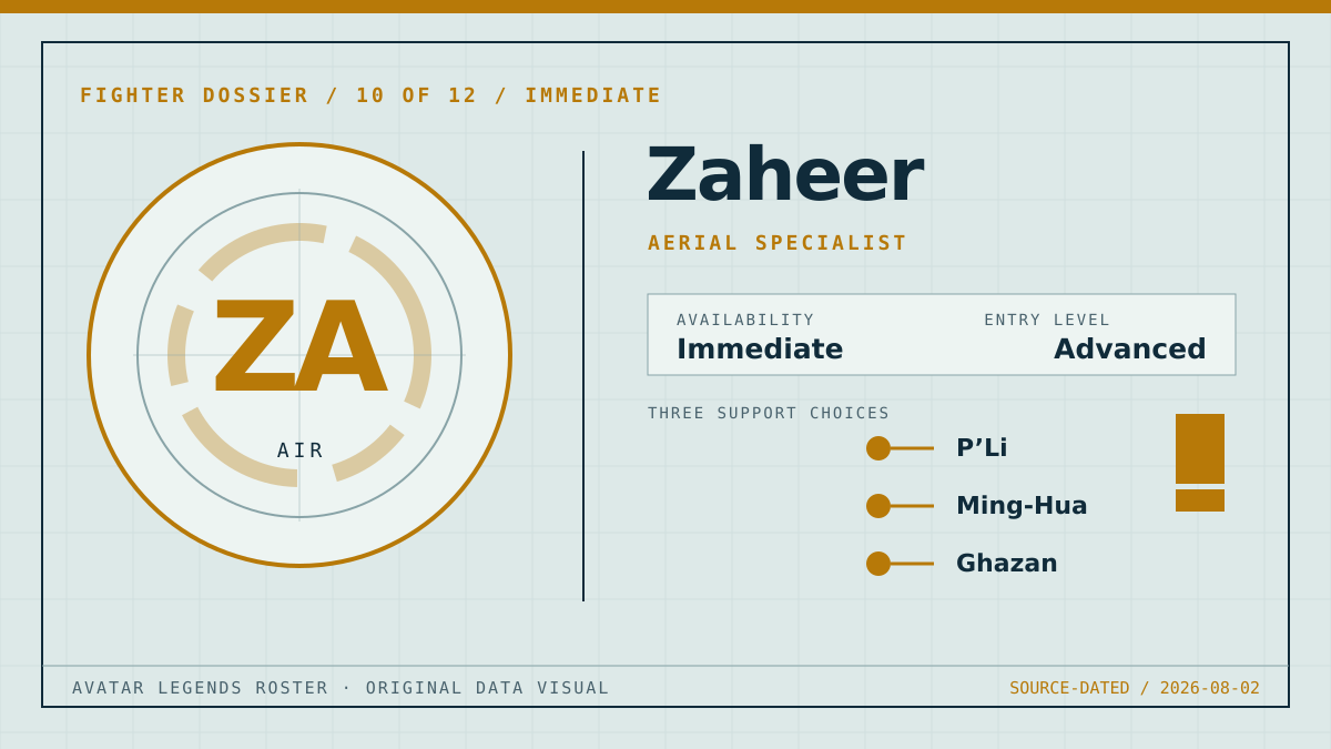 Original Zaheer fighter dossier graphic showing the Air classification, aerial specialist playstyle, advanced entry level, and three support choices.